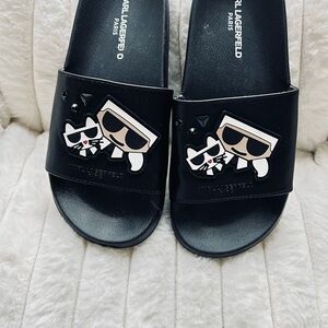 Karl Lagerfeld Black Slides with Iconic Graphic